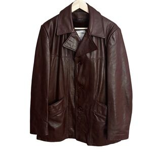 Vintage London Fog Leather Button Up Brown Pea Coat Faux Fur Lined Sz 42